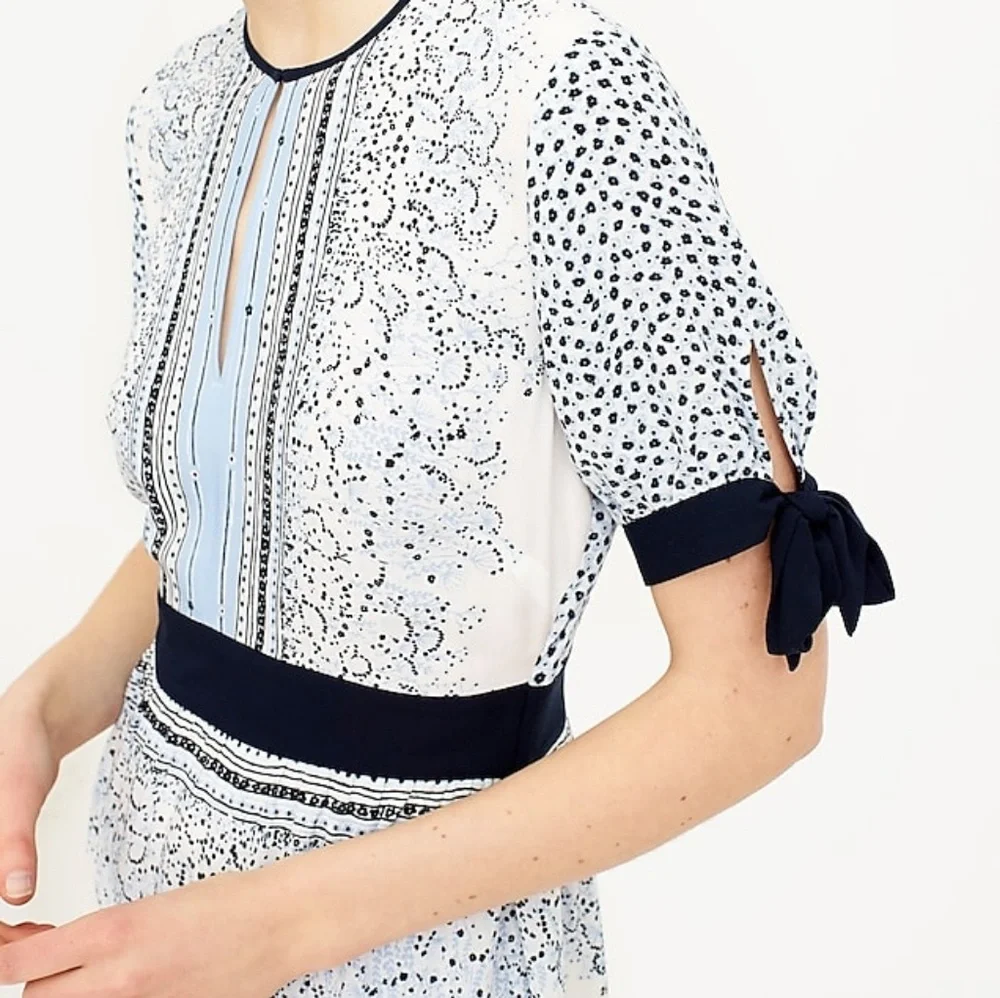 NWT J. Crew White and Navy Printed Tie-Sleeve Dress